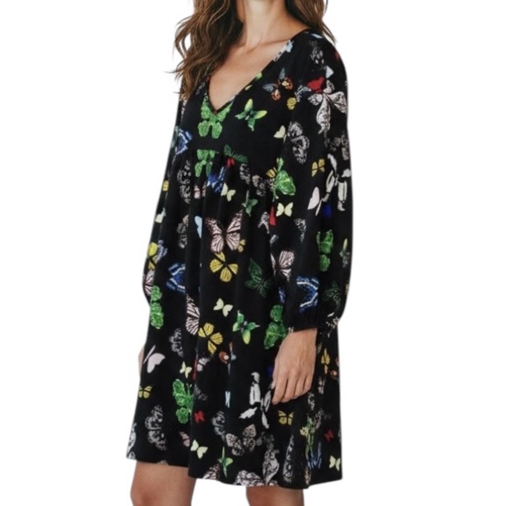 Colorful Butterfly Print Black Mini Dress – Long Sleeve V‑Neck, Size L/XL, NWOT - Picture 3 of 12